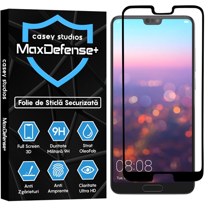 Folie Sticla CASEY STUDIOS™ compatibila cu Huawei P20, Full Cover 3D, Full Glue, Ultra HD, Anti Zgarieturi, Anti Amprente, Anti Socuri, Margini Negre