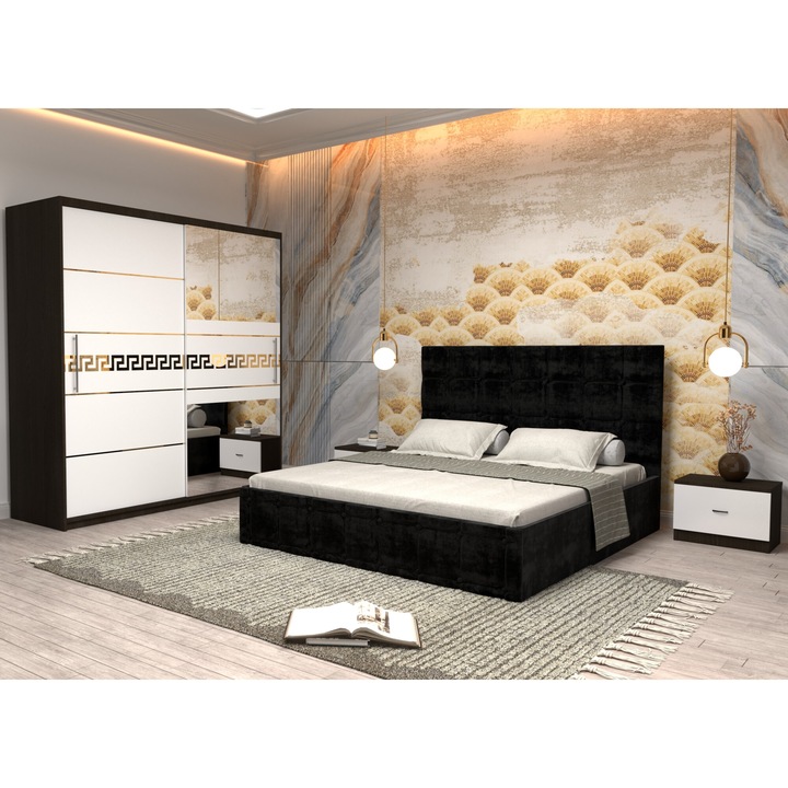 Dormitor Andrei cu Pat Tapitat Negru Stofa de 160x200 cu Dulap Nova Gold 200 Wenge cu Usi Albe cu Oglinda, Noptiere si Comoda TV