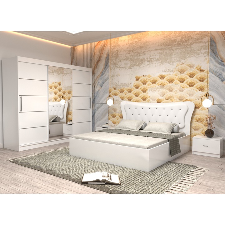 Dormitor Coman Alb cu Pat Matrimonial cu tapiterie alba 160 cm x 200 cm Dulap Nova Plus 250 Usi glisante cu oglinda si Noptiere