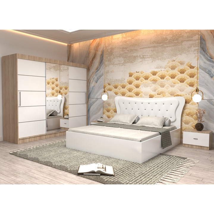 Dormitor Coman Alb cu Pat Matrimonial cu tapiterie alba 160 cm x 200 cm Dulap 250 Sonoma cu usi Albe cu oglinda si Noptiere
