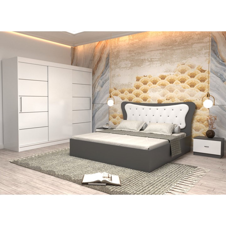 Dormitor Coman Alb cu Pat Matrimonial cu tapiterie alba 160 cm x 200 cm Dulap 250 Alb cu usi Albe fara oglinda si Noptiere
