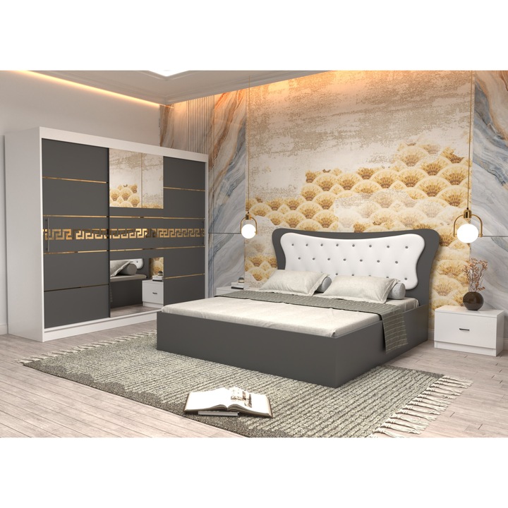 Dormitor Coman Alb cu Pat Matrimonial cu tapiterie alba 160 cm x 200 cm Dulap 250 Nova Gold cu usi Gri cu oglinda si Noptiere