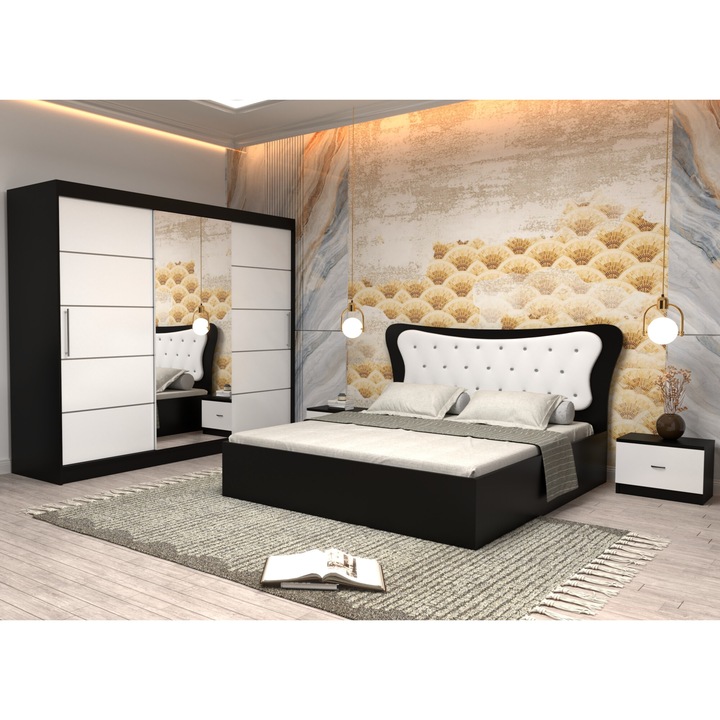 Dormitor Coman Alb cu Pat Matrimonial cu tapiterie alba 160 cm x 200 cm Dulap 250 Wenghe cu usi Albe cu oglinda si Noptiere