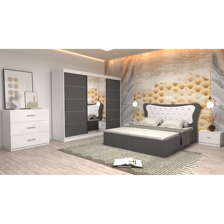 Dormitor Coman Alb cu pat matrimonial cu tapiterie alba 160x200 Dulap 250 alb cu usi gri cu oglinda Noptiere si Comoda TV