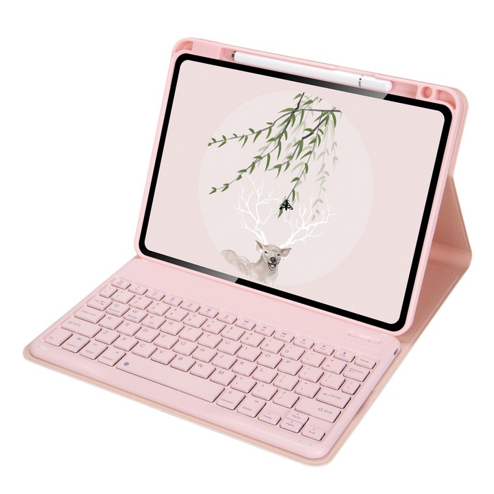 Husa cu tastatura Bluetooth pentru iPad Pro 11-inch si iPad Air 10.9-inch, detasabila, cu suport pentru stilou, roz