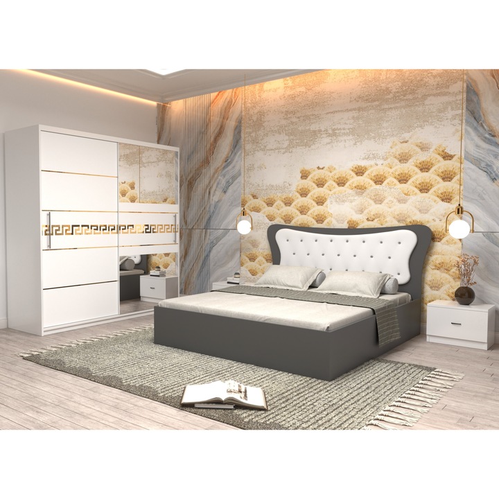 Dormitor Coman Alb cu Pat Matrimonial cu tapiterie alba 160 cm x 200 cm Dulap 200 Nova Gold cu usi Albe cu oglinda si Noptiere