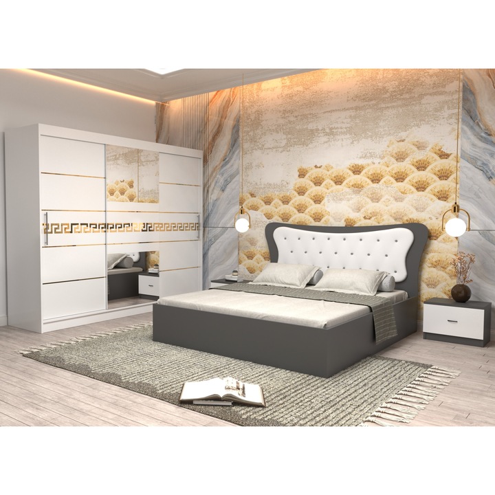 Dormitor Coman Alb cu Pat Matrimonial cu tapiterie alba 160 cm x 200 cm Dulap 250 Nova Gold cu usi Albe cu oglinda si Noptiere
