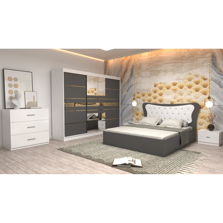 Dormitor Coman Alb cu pat matrimonial cu tapiterie alba 160x200 Dulap 250 alb cu usi gri cu oglinda Noptiere si Comoda TV