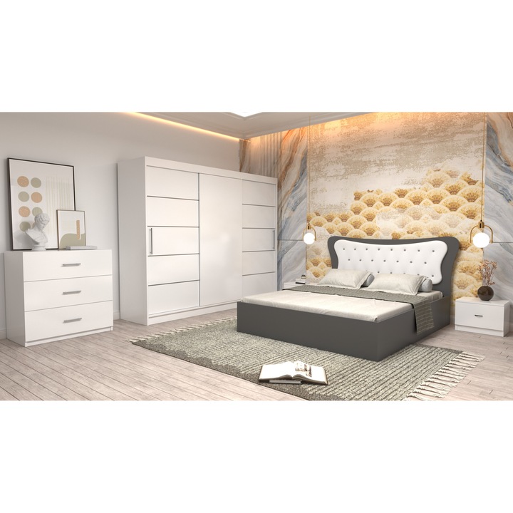 Dormitor Coman Alb cu pat matrimonial gri cu tapiterie alba 160x200 Dulap 250 alb cu usi albe fara oglinda Noptiere si Comoda TV