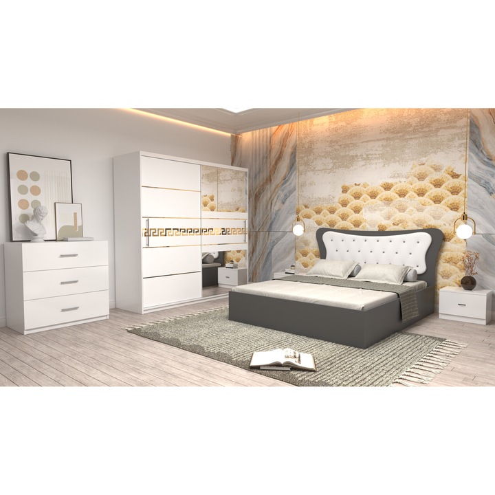 Dormitor Coman Alb cu pat matrimonial gri cu tapiterie alba 160x200 Dulap 200 alb cu usi albe cu oglinda Noptiere si Comoda TV