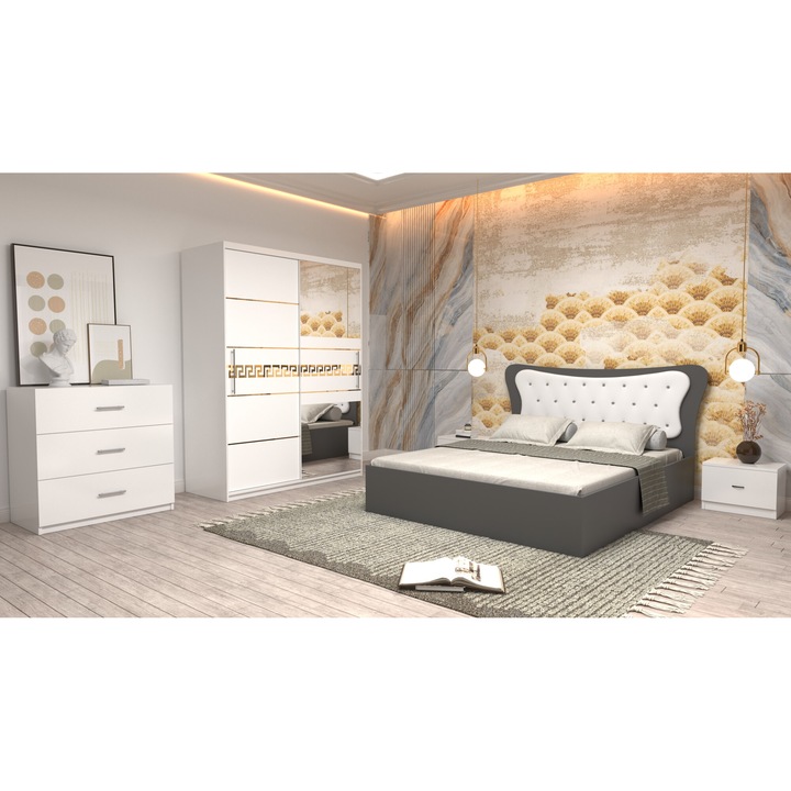 Dormitor Coman Alb cu pat matrimonial gri cu tapiterie alba 160x200 Dulap 150 alb cu usi albe cu oglinda Noptiere si Comoda TV