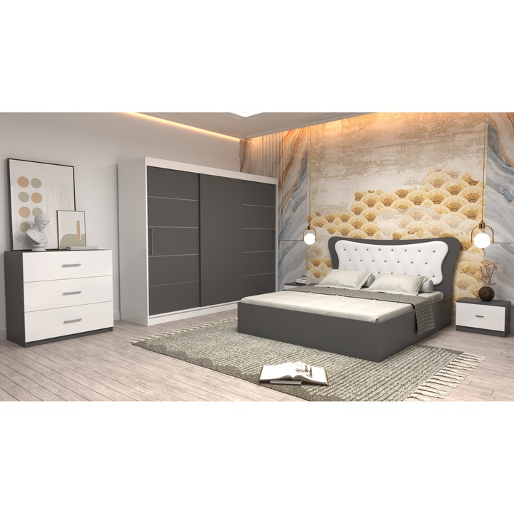 Dormitor Coman Alb cu pat matrimonial gri cu tapiterie alba 160x200 Dulap 250 alb cu usi gri fara oglinda Noptiere si Comoda TV