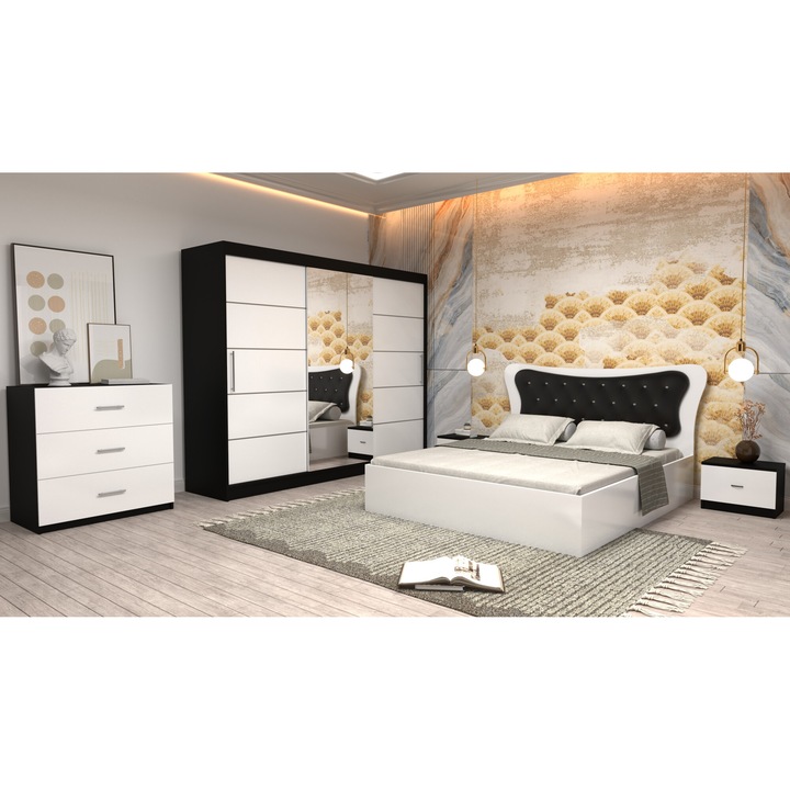 Dormitor Coman Alb cu pat matrimonial alb cu tapiterie neagra 160x200 Dulap 250 wenge cu usi albe cu oglinda Noptiere si Comoda TV