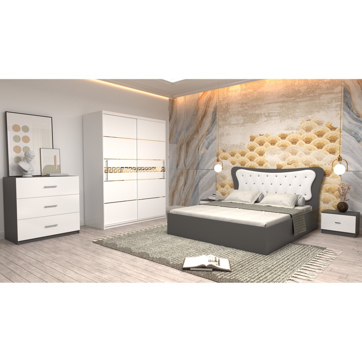 Dormitor Coman Alb cu pat matrimonial gri cu tapiterie alba 160x200 Dulap 150 alb cu usi albe fara oglinda Noptiere si Comoda TV