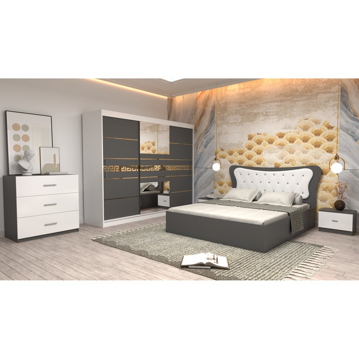 Dormitor Coman Alb cu pat matrimonial gri cu tapiterie alba 160x200 Dulap 250 alb cu usi gri cu oglinda Noptiere si Comoda TV