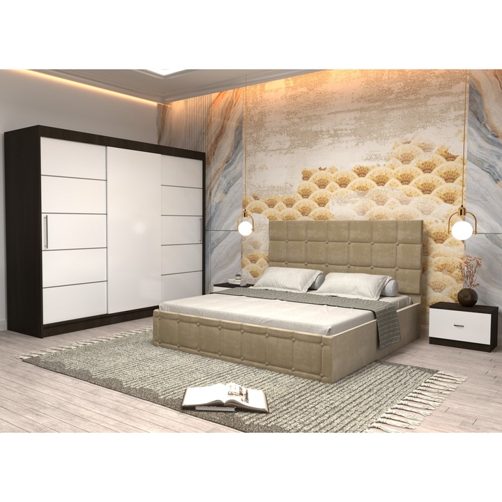 Dormitor Andrei cu Pat Tapitat Bej Stofa de 160x200 cu Dulap 250 Wenge cu Usi Albe fara oglinda Noptiere si fara comoda TV