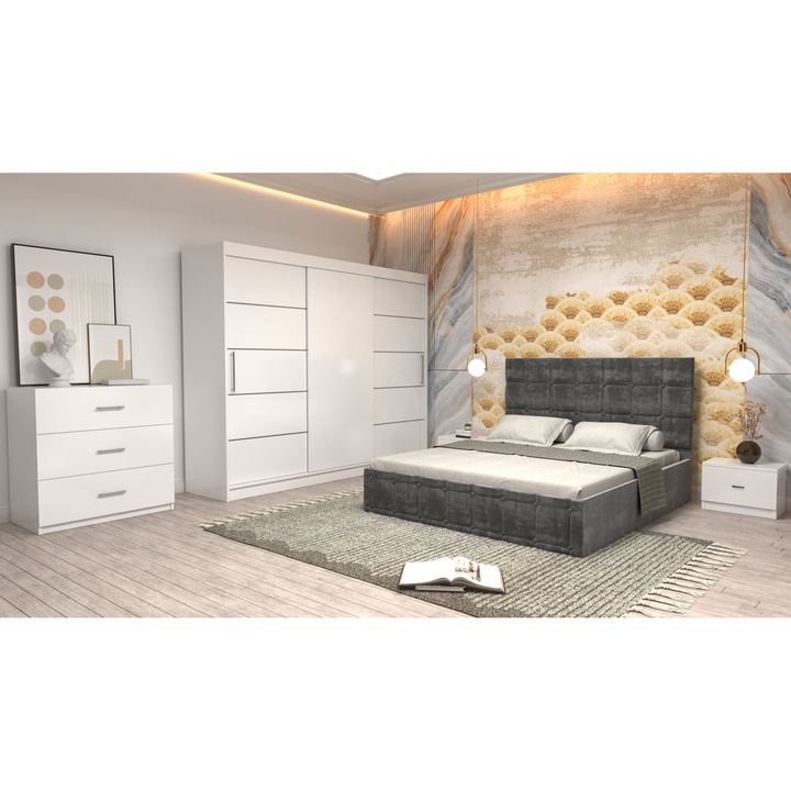 Dormitor Andrei cu Pat Tapitat Gri Stofa de 160x200 cu Dulap 250 Alb cu Usi Albe fara Oglinda, Noptiere si Comoda TV