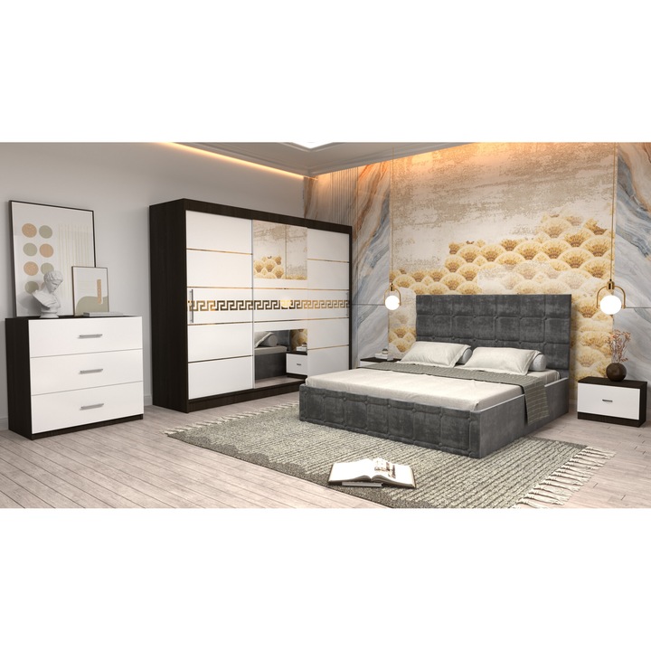 Dormitor Andrei cu Pat Tapitat Gri Stofa Dulap usi Glisante Wenge 250 x 200 cm usi glisante albe cu oglinda Noptiere si Comoda Tv