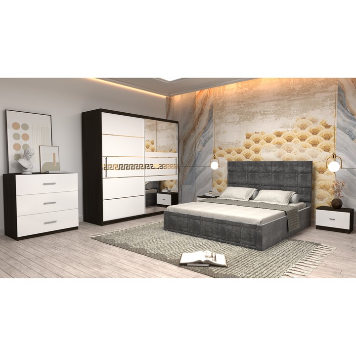 Dormitor Andrei cu Pat Tapitat Gri Stofa de 160x200 cu Dulap Gold 200 Wenghe cu Usi Albe si Oglinda, Noptiere si cu comoda TV