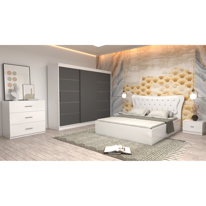Dormitor Coman Alb cu pat matrimonial cu tapiterie alba 160X200 Dulap 250 alb cu usi gri fara oglinda Noptiere si Comoda TV