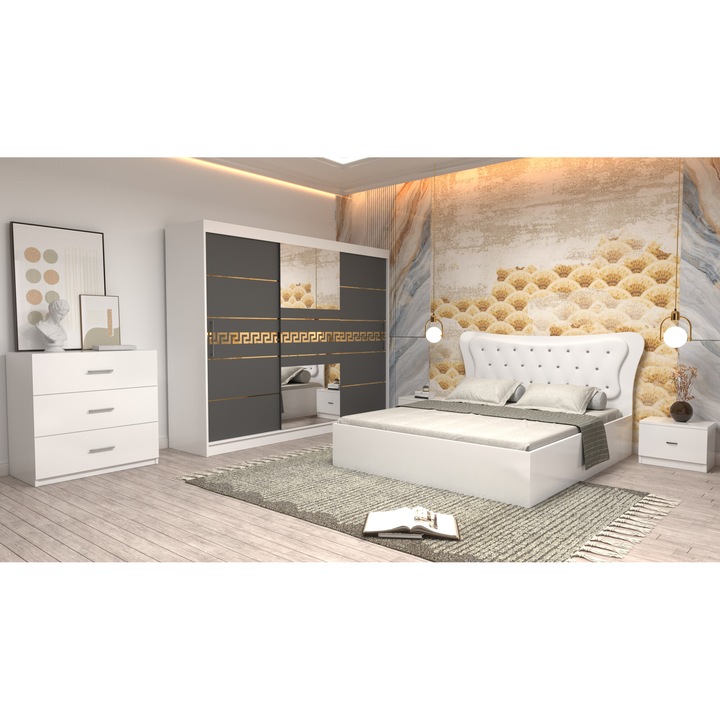 Dormitor Coman Alb cu pat matrimonial cu tapiterie alba 160X200 Dulap 250 alb cu usi gri cu oglinda Noptiere si Comoda TV