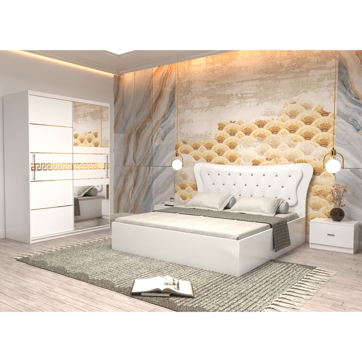 Dormitor Coman Alb cu Pat Matrimonial cu tapiterie alba 160 cm x 200 cm Dulap 150 Alb cu usi Albe cu oglinda si Noptiere