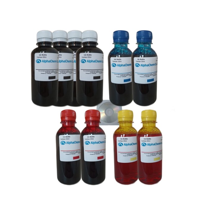 Set Flacon Cerneala AlphaChem Compatibil Canon 4x200ml CLI-521BK Negru, 2x200ml CLI-521C Cyan, 2x200ml CLI-521M Magenta, 2x200ml CLI-521Y Galben si 10 Cdr Maxell cu plic