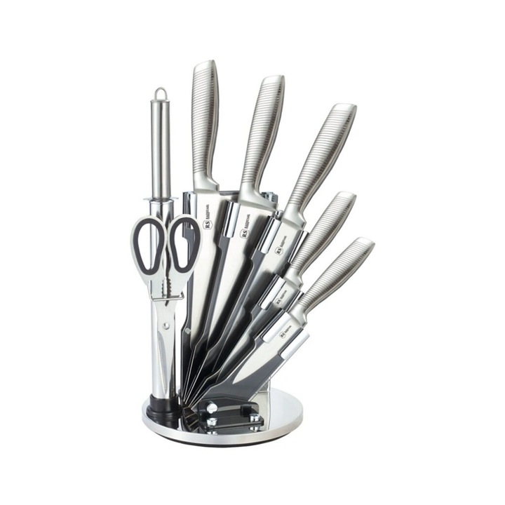 Set de cutite Bohmann inox turnat 8 piese, Foarfeca si Dispozitiv de Ascutit Suport inclus, Argintiu