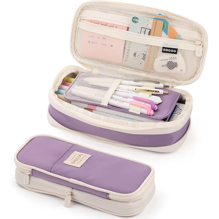 Bővíthető tolltartó, Angoo, Textil, Rekeszes, Lila/Fehér, 21x7,5x10 cm