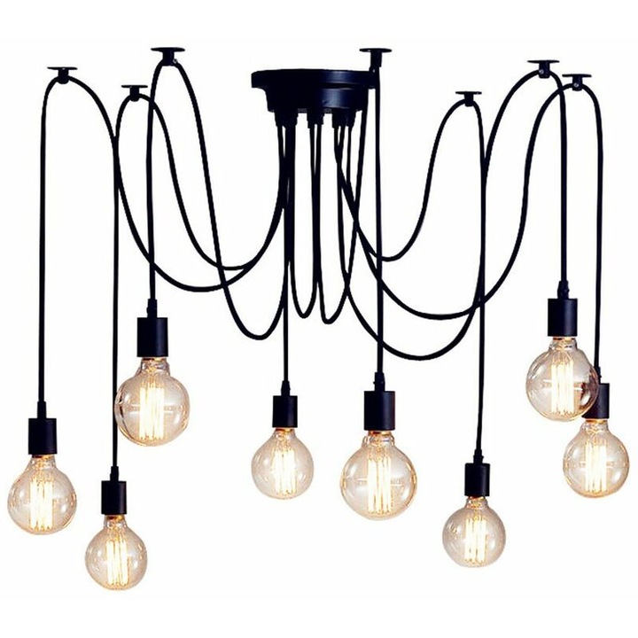 Lampadar Retro Industrial, Art Deco, 8 brate, cablu ajustabil 2m, negru