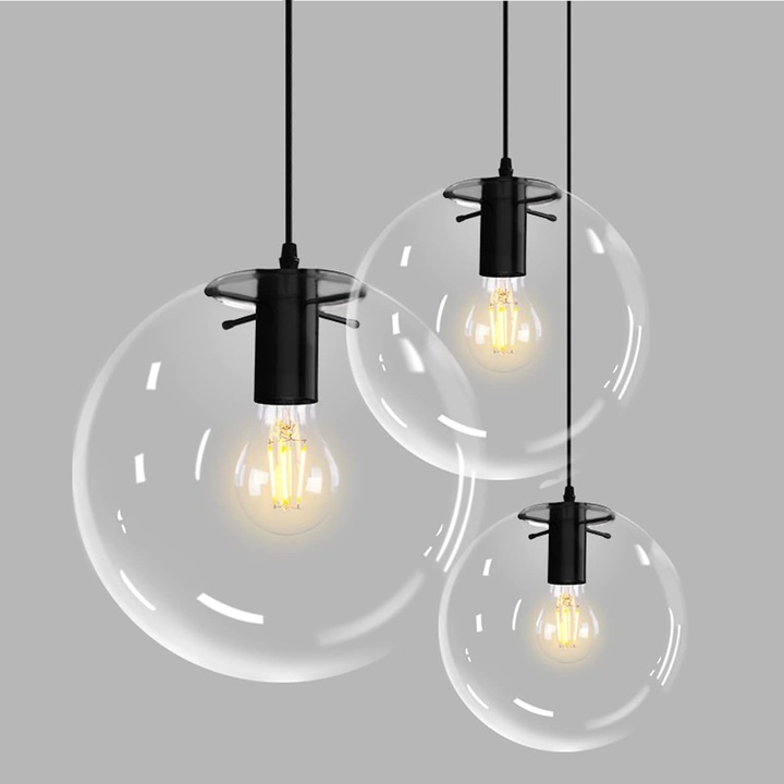 Стъклена топка Wings Of Wind E27 Висящ полилей Прозрачна Стъклена капка Висяща лампа Черен държач за лампа, Стъкло, 20 см, Φ20