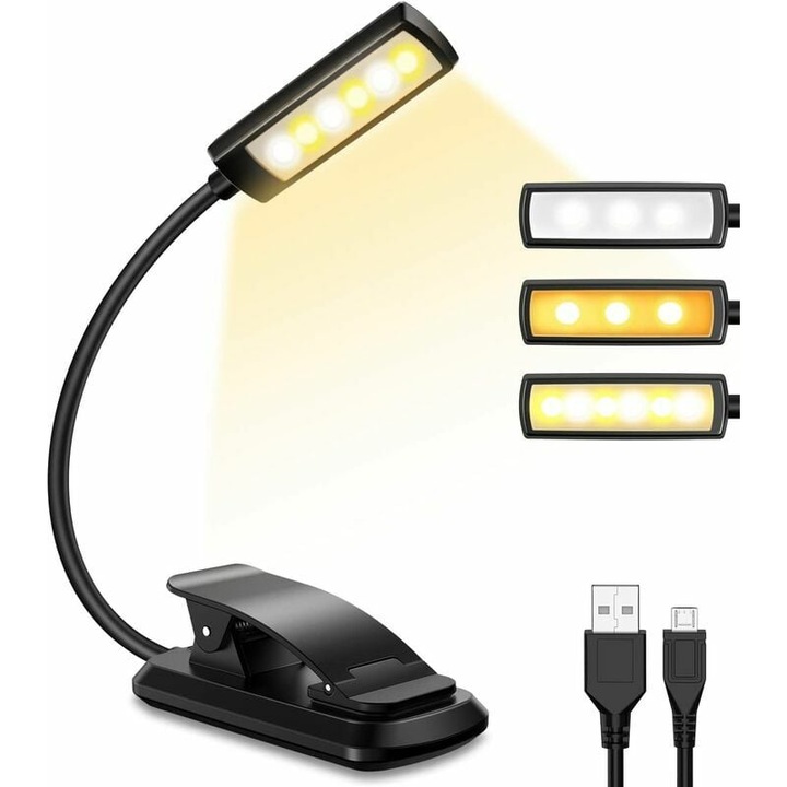 Lampa de citit, lumina reincarcabila cu clips cu 6 LED-uri, 3 moduri de luminozitate (alb rece si alb cald), gat flexibil la 360°, lumina de citit langa pat, citit nocturn, lumina de calatorie pentru carti