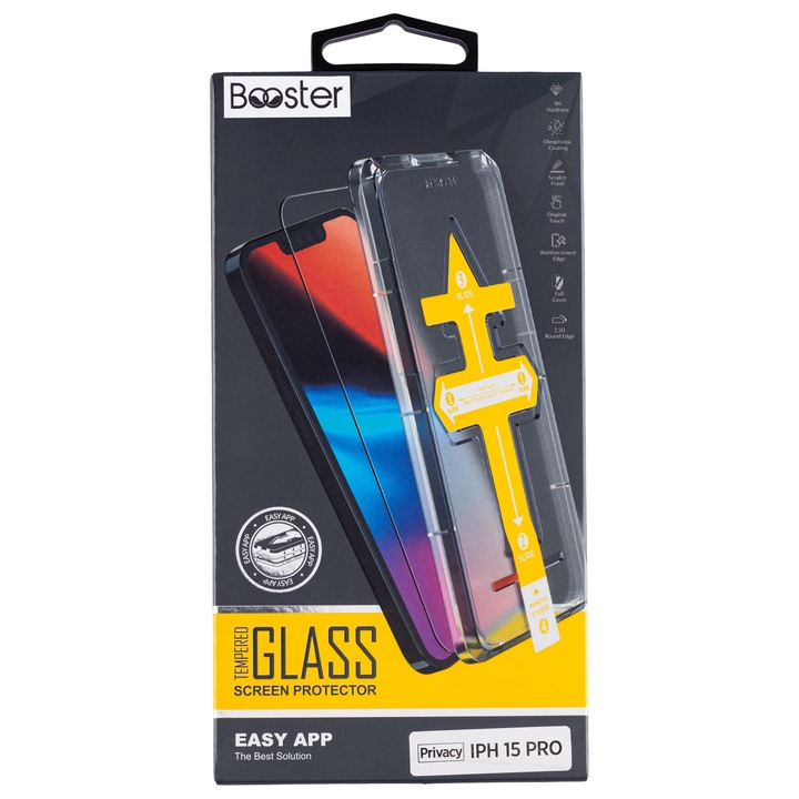 Стъклен протектор Booster, Privacy, Съвместим с iPhone 15 Pro, бърза инсталация чрез специално устройство, Full Glue, военна твърдост, Ultra HD, против надраскване, против удари, черни ръбове, комплект и стъргалка са включени, Easy App