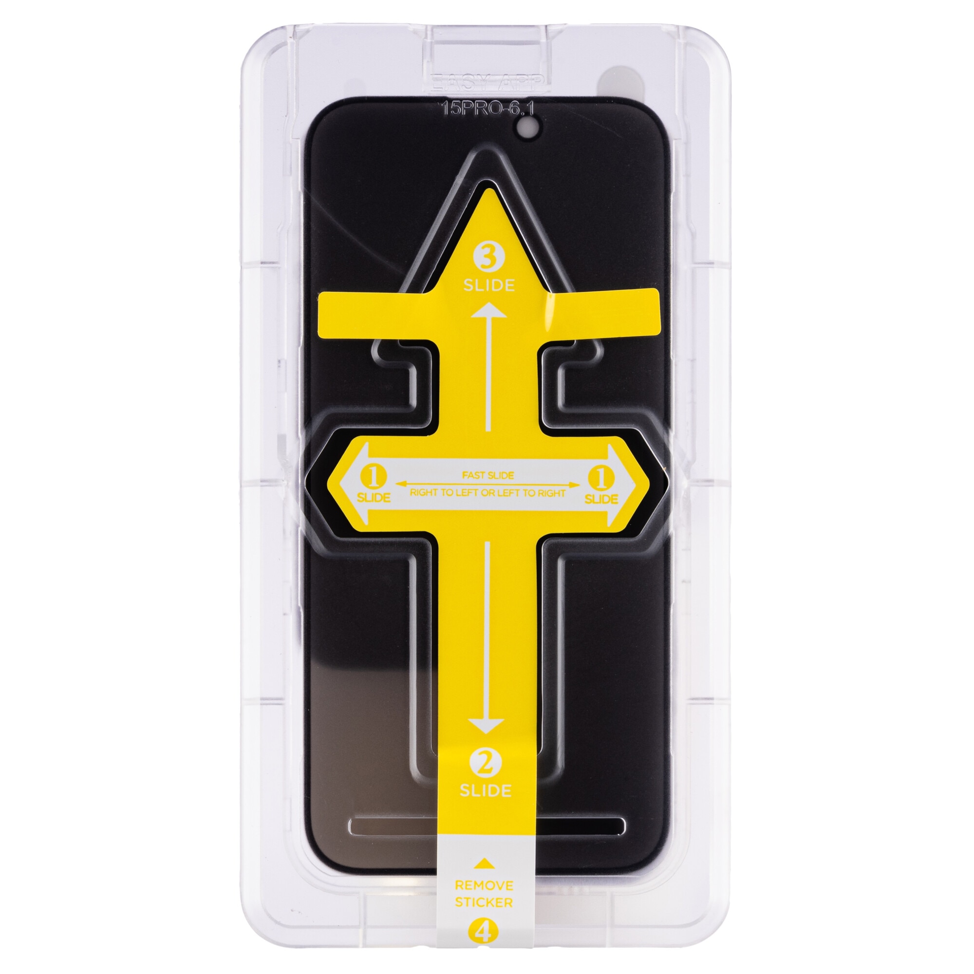 Folie sticla Booster, Privacy, compatibila cu iPhone 15 Pro, instalare rapida via dispozitiv special, Full Glue, securizata, duritate militara, Ultra HD, sticla profesionala, anti zgarieturi, anti socuri, margini negre, kit si racleta incluse, Easy App
