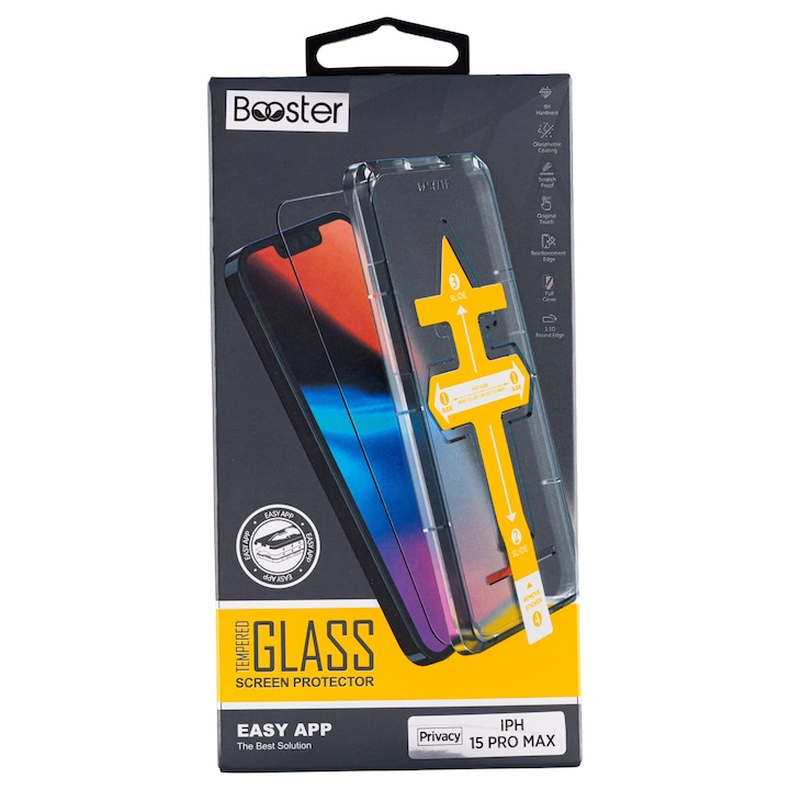 Стъклен протектор Booster, Privacy, Съвместим с iPhone 15 Pro Max, бърза инсталация чрез специално устройство, Full Glue, сигурно, военна твърдост, Ultra HD, против надраскване, против удари, черни ръбове, комплект и скрепер включени, EasyApp