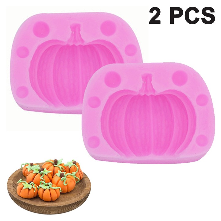 Set 2 forme prajituri, dovleac 3D, 4.2x5.7 cm, din silicon, roz