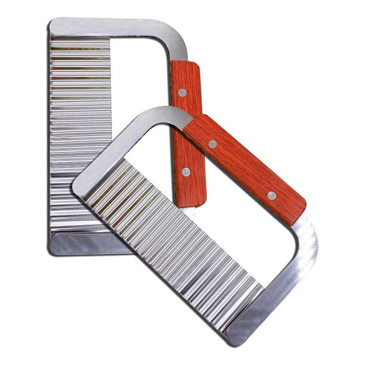 Set 2 feliatoare pentru legume, Cozevdnt, Lama ondulata, Inox, Maner lemn, 18.5x12cm, Maro/Argintiu