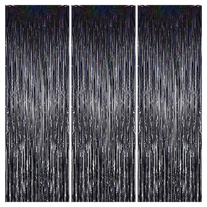 3 db-os függönykészlet Cozevdnt rojttal, fémfólia, fekete, 1x2m