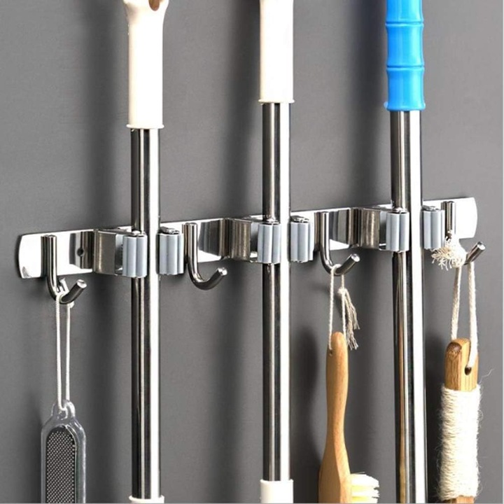 Felmosó és seprű tartó, Enforose, rozsdamentes acél, rozsdaálló, falra szerelhető, állítható kialakítás, sokoldalú felhasználás