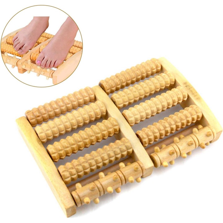 Rola de masaj pentru picioare din lemn, 27x17x5cm, stimuleaza circulatia sangelui, set masaj reflexogen