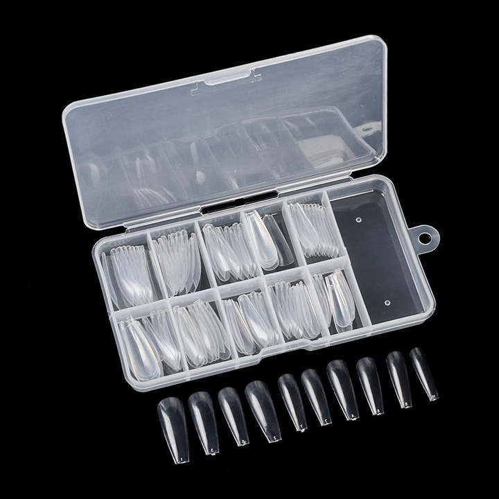 100 darab műköröm szett, HERUSI, akril, átlátszó/fehér/natúr, vegyes méretek