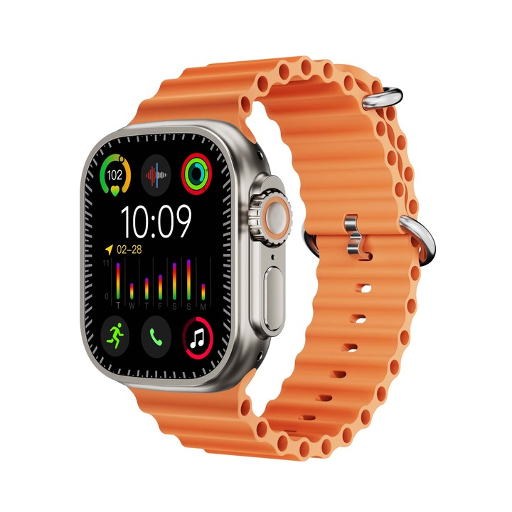 Ceas inteligent, rezistent la apa, incarcare wireless, ecran tactil complet, Bluetooth 5.0, banda silicon, aliaj zinc, 2.2" HD 240x296 IPS, 49x44x12mm, Android, portocaliu