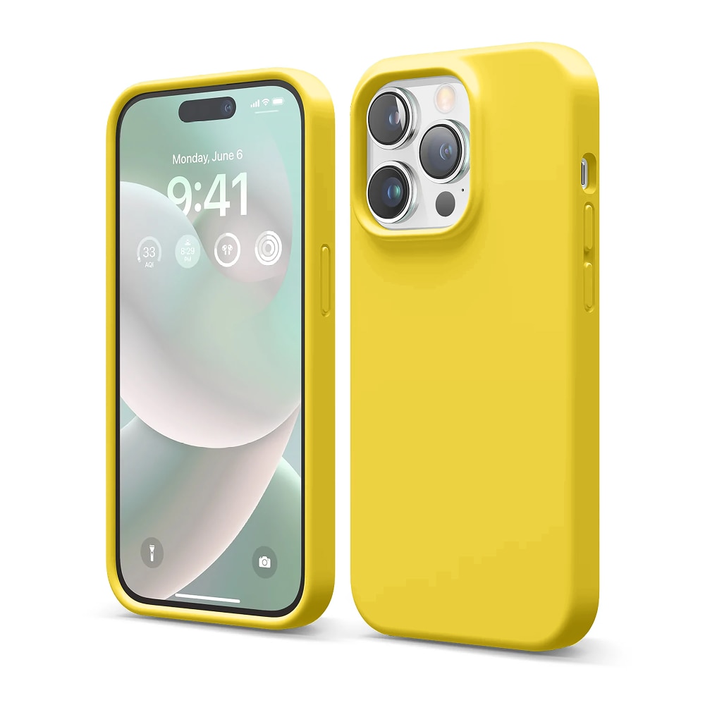 Husa CASEY STUDIOS Premium Soft Silicone pentru iPhone 14 Pro, Silicon, Microfibra in Interior, Yellow, Ultra Slim, compatibila cu Incarcare Wireless, Margini Ridicate pentru Protectia Ecranului si a Camerelor