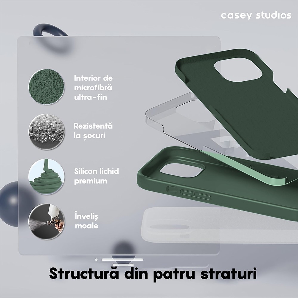 Husa CASEY STUDIOS Premium Soft Silicone pentru iPhone 15 Plus, Silicon, Microfibra in Interior, Webster Green, Ultra Slim, compatibila cu Incarcare Wireless, Margini Ridicate pentru Protectia Ecranului si a Camerelor