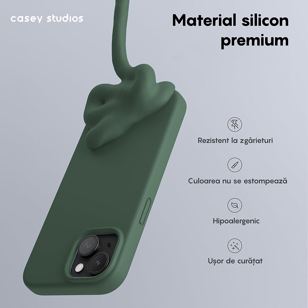 Husa CASEY STUDIOS Premium Soft Silicone pentru iPhone 15 Plus, Silicon, Microfibra in Interior, Webster Green, Ultra Slim, compatibila cu Incarcare Wireless, Margini Ridicate pentru Protectia Ecranului si a Camerelor