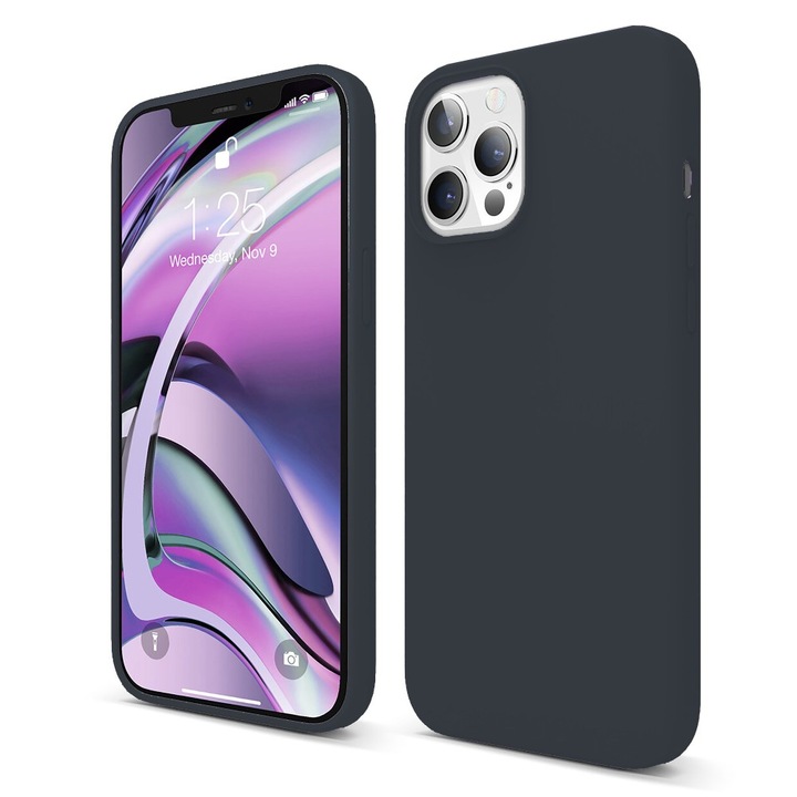 Husa CASEY STUDIOS™ pentru iPhone 12 Pro Max, Soft Silicone Premium, Microfibra in Interior, Midnight Blue, pentru Incarcare Wireless, Margini Ridicate pentru Protectia Ecranului si a Camerelor