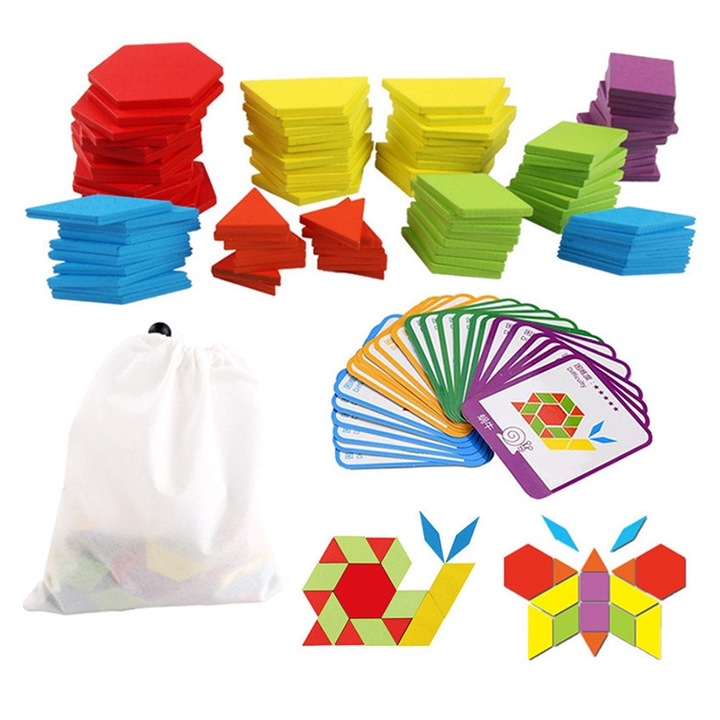 Set Tangram Montessori YATOVUR, 155 piese din lemn, multicolor, 25x21x4cm