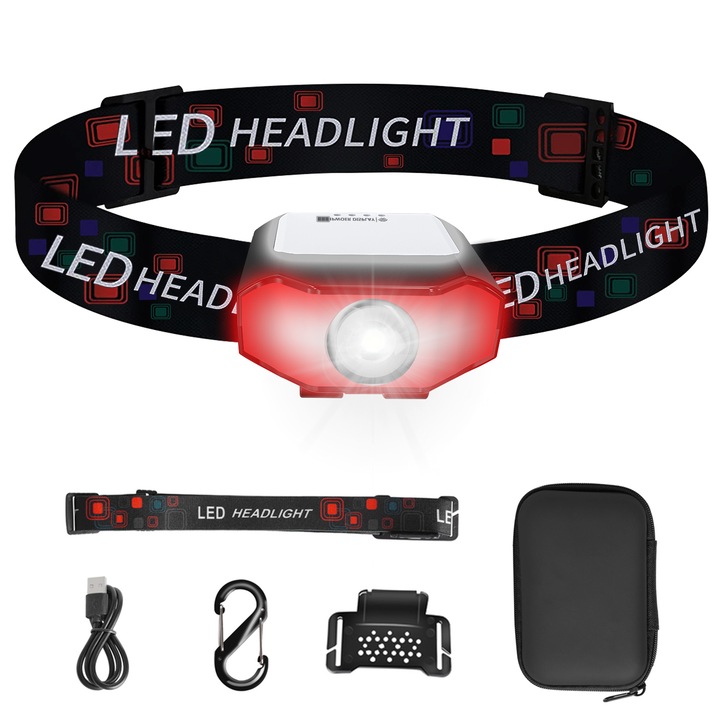 Demine 4 az 1-ben LED-es fényszóró, fekete, 180°-ban állítható, 500 lumen, Gesztusvezérlés, 6 világítási mód, Újratölthető 1500 mAh-s akkumulátorral és Type-C porttal, IPX6 vízálló