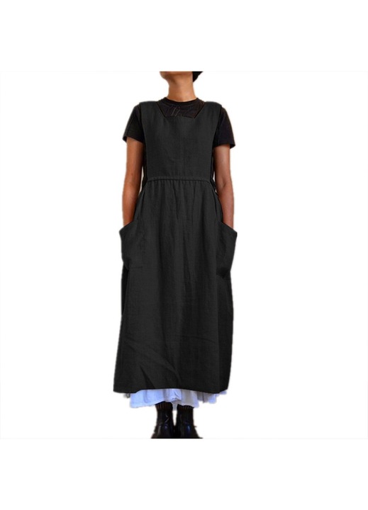 Rochie casual cu buzunare, stil salopeta din bumbac si in, negru, M