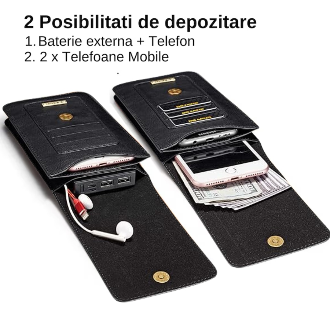 Husa Telefon, Compatibila telefoane pana la 7 inch, Material PU, 2 in 1, Tip Portofel, 13 Sloturi Card, Spatiu Baterie Externa, Inchidere Magnet, Prindere Curea, Neagra